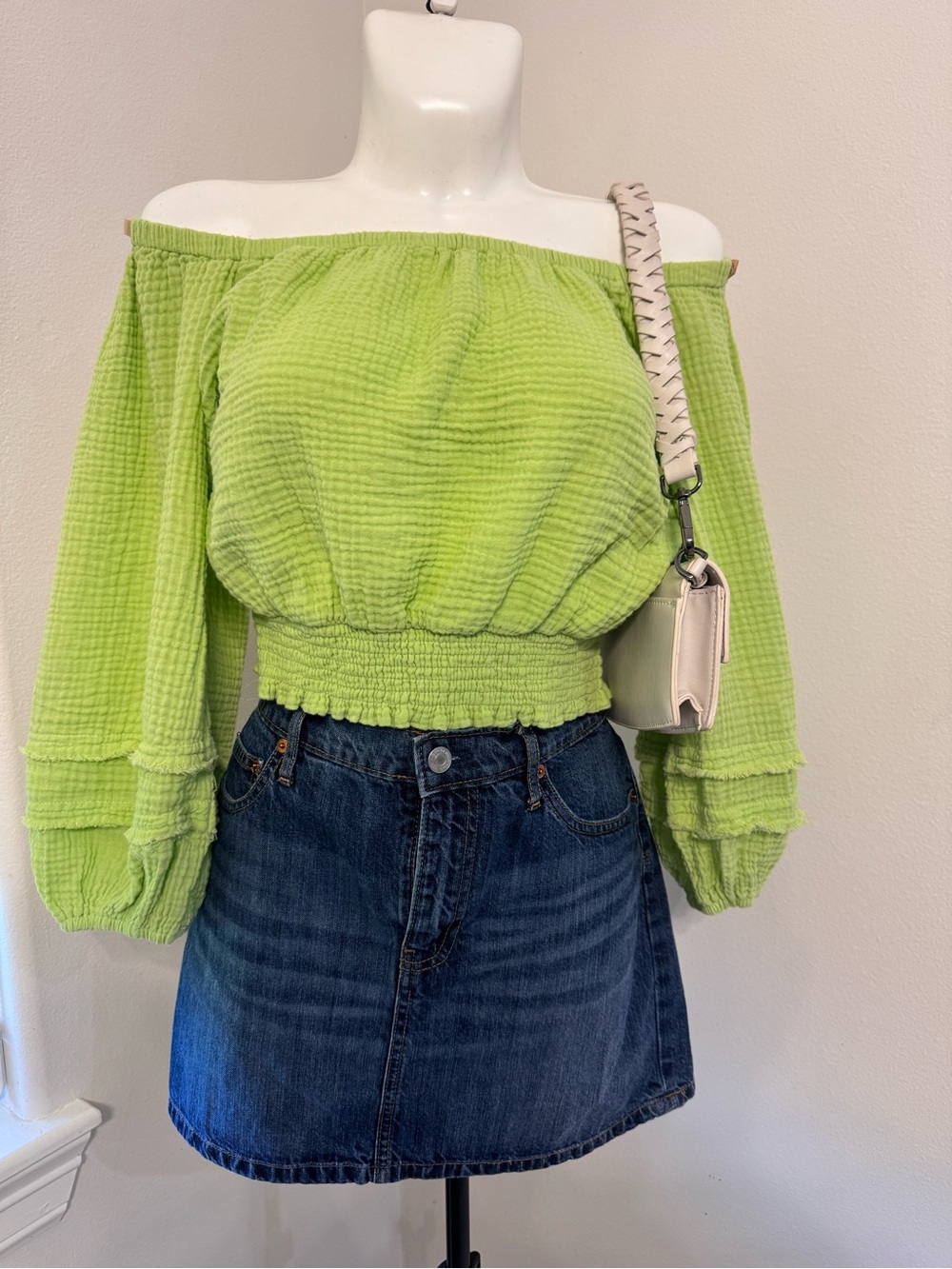 Umgee Lime Green Off-Shoulder Smocked Waist Top